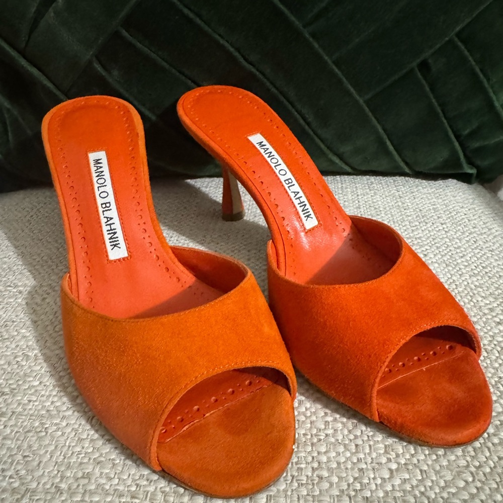 Manolo Blahnik Orange Suede Open-Toe Mule Heels